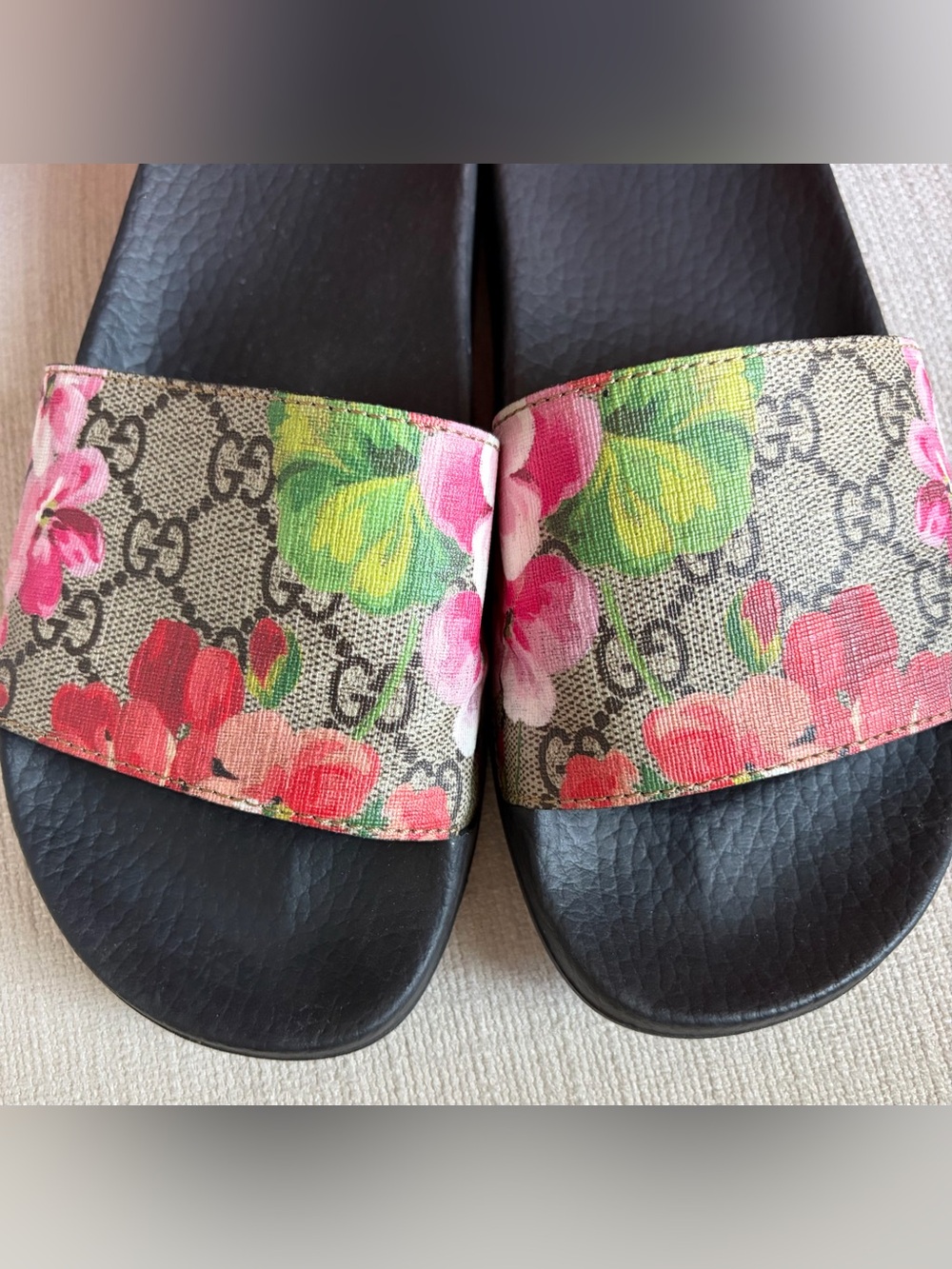 Gucci Floral GG Canvas Slide Sandals in Black, Pink, Green